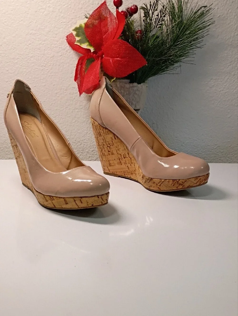 Thalia Sodi Nude Patent Platform Pumps with Cork-Style Sole